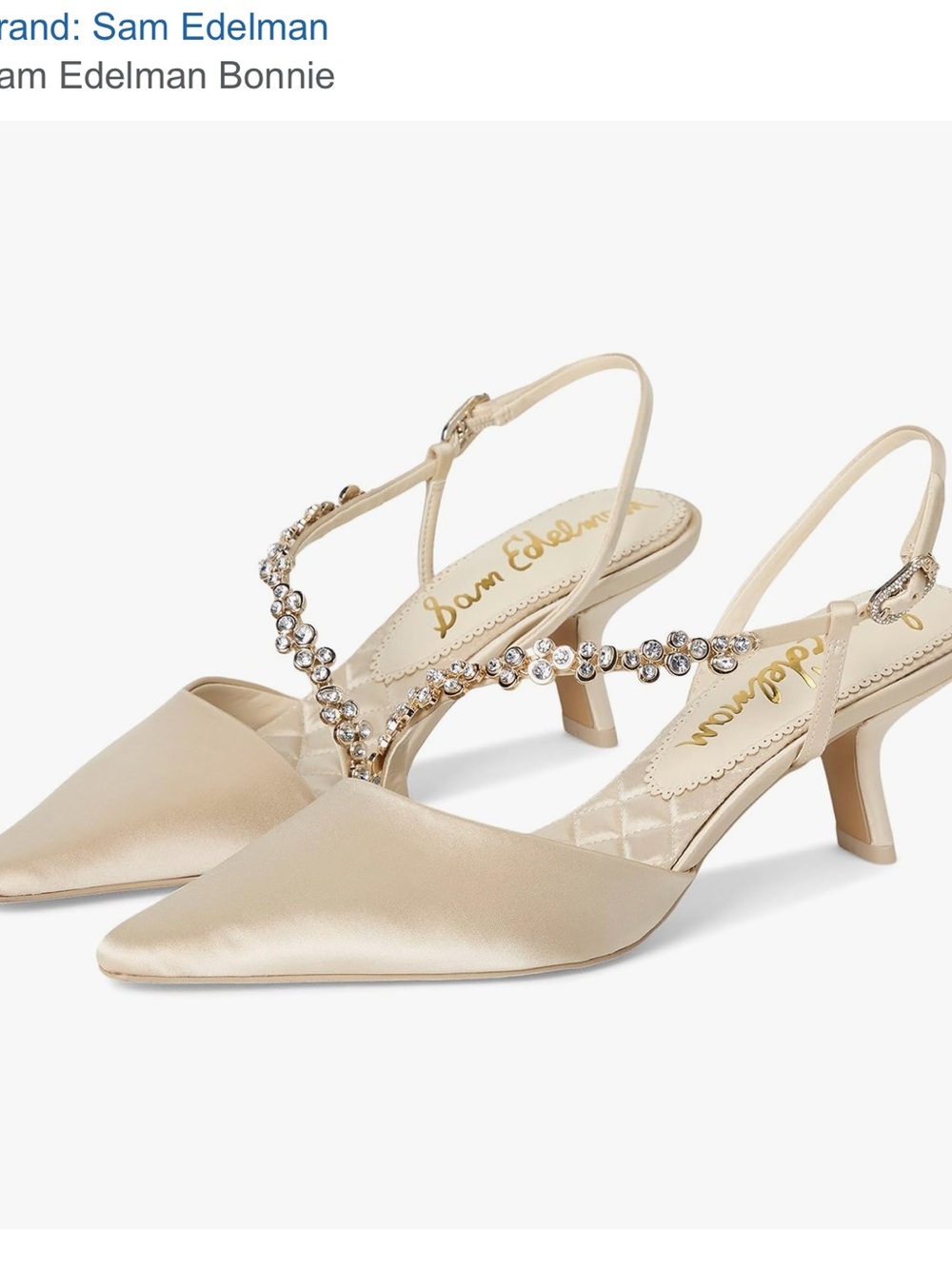 Sam Edelman Slingback Heels in Champagne Satin with Crystal T‑Strap